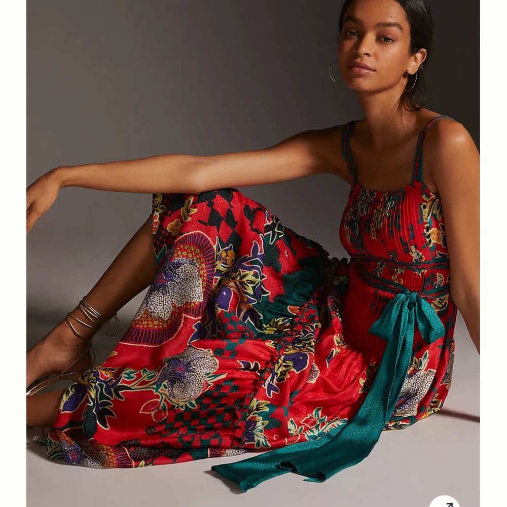 Anthropologie Vibrant Red and Teal Maxi Dress